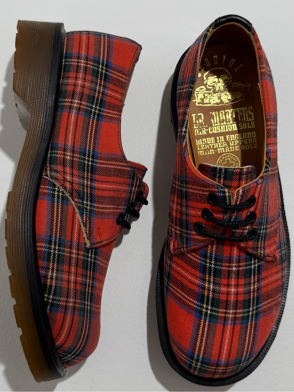 Vintage England NaNa Dr. Martens Red Black Plaid Canvas Gibson MIE Oxfords UK 5